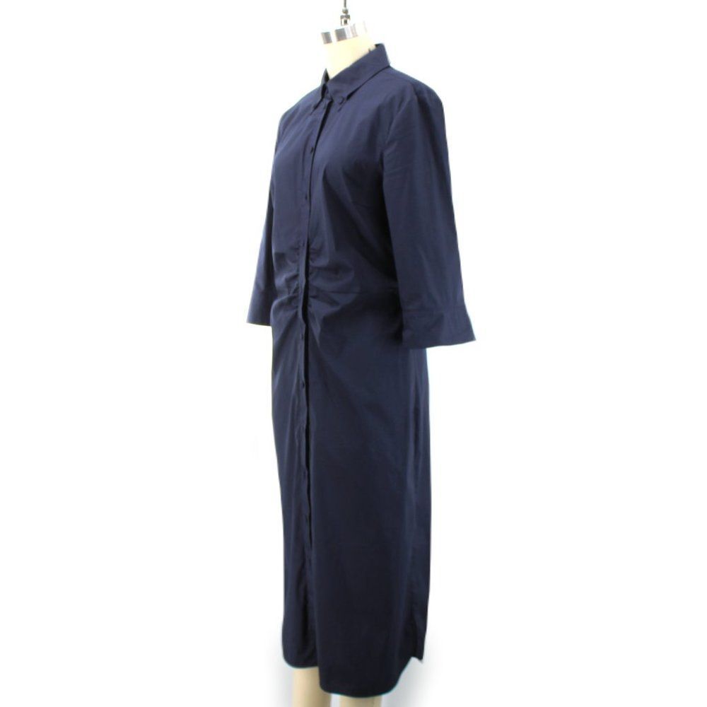 LUISA CERANO Dark Blue Cotton Stretch Shirt Dress Ruched Front Button Midi SZ 10 - Picture 4 of 15